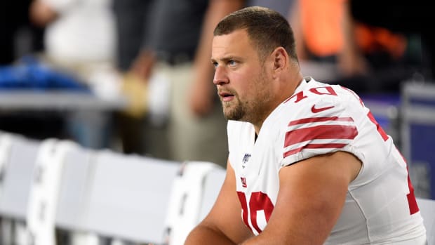 Aug 29, 2019; Foxborough, MA, USA; New York Giants offensive guard Kevin Zeitler (70) watches the game during the second half against the New England Patriots at Gillette Stadium.